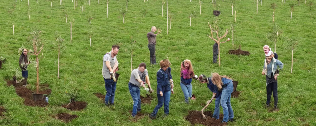 Prompt: Anthropomorphic tree planting humans in a field