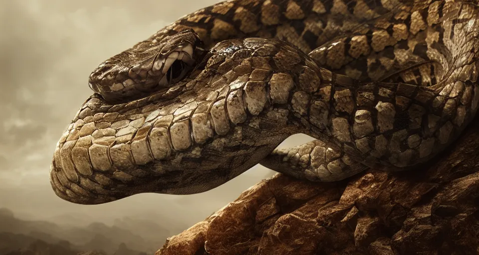 Image similar to closeup portrait of a colossal rattlesnake in a rocky environment, dramatic lighting, cinematic, octane render, cgsociety, artstation, 4k