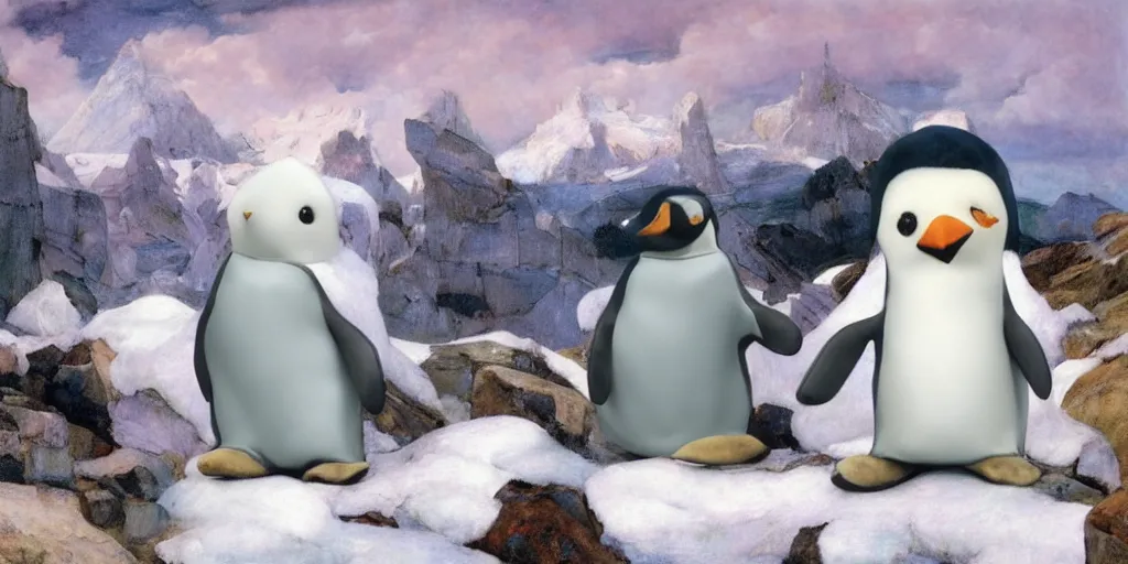 Prompt: 3 d precious moments plush penguin with realistic fur and an blue / white / gray / green / pink / tan / mid pink / blue gray color scheme, snowy mountain landscape, master painter and art style of john william waterhouse and caspar david friedrich and philipp otto runge