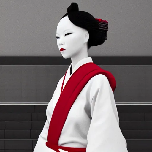 Prompt: beautiful albino maiko in a hakama, photograph, award wining, red and white, trending on artstation, punk attitude, 4k, unreal engine 5, octane render, neon highlights