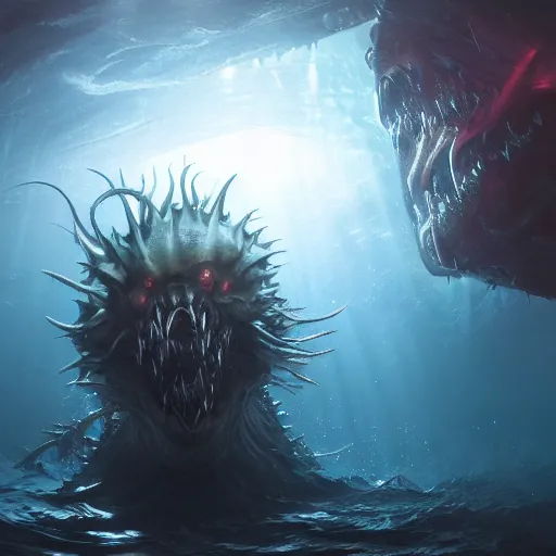 Prompt: a spiky eldritch underwater sea monster with sharp teeth illuminated by a spotlight in the deep dark ocean by Marek Okon, god rays, fantasy art, 4k, HDR, photorealistic, 8k, trending on artstation