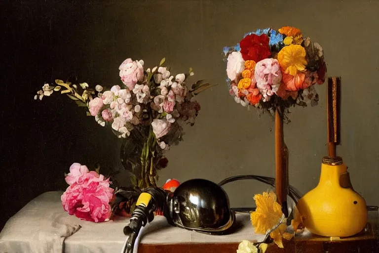 Image similar to still life with astronaut helmet and flowers in the style of the dutch masters