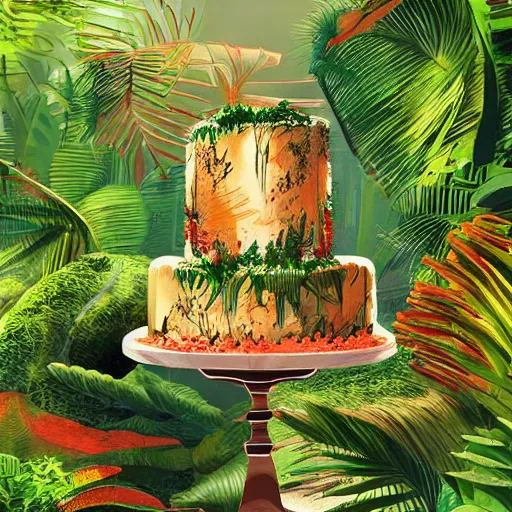 Image similar to jungle cake, ultra realistic, ultra detailed, lush, beautiful, digital art,