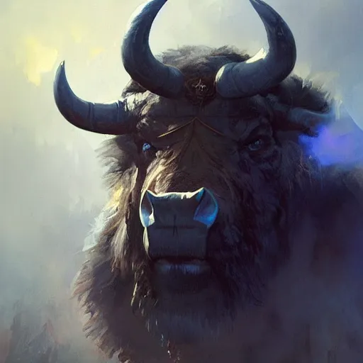 Image similar to angry blue bison portrait by greg rutkowski and frank frazetta, dark fantasy, blue, artstation