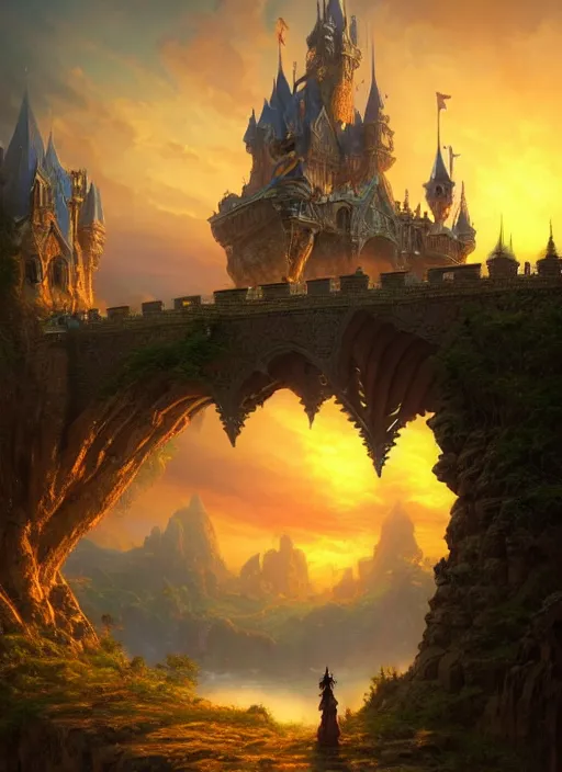 Prompt: a beautiful and highly ornamented fantasy castle on a stone arch at sunset, cinematic view, epic sky, detailed, concept art, low angle, high detail, warm lighting, volumetric, godrays, vivid, beautiful, trending on artstation, by jordan grimmer, huge scene, grass, art greg rutkowski and alphonse mucha