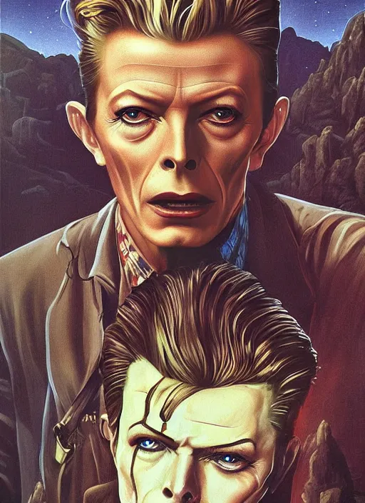 Image similar to twin peaks poster art, david bowie is infected with the spirit of the wendigo demon, old retro pulp, by michael whelan, rossetti bouguereau, artgerm, retro, nostalgic, old fashioned