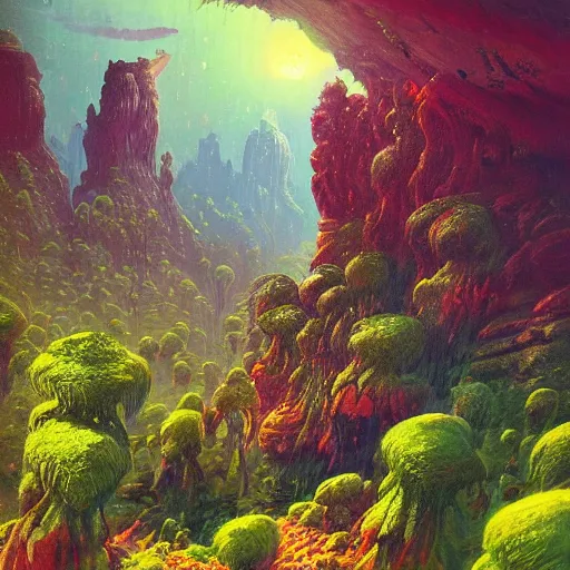 Image similar to beautiful illustration of a lush natural scene on an alien planet by paul lehr. science fiction. extremely detailed. beautiful landscape. weird vegetation. cliffs and water.