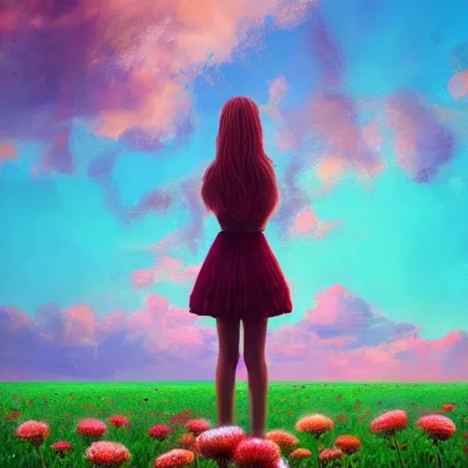 Prompt: head made of carnations flower, full body, girl standing in a flower field, surreal photography, sunrise dramatic light, impressionist painting, colorful clouds, digital painting, artstation, simon stalenhag, flower face