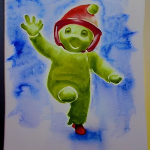 Image similar to water colour painting of teletubbies with machine guns ,