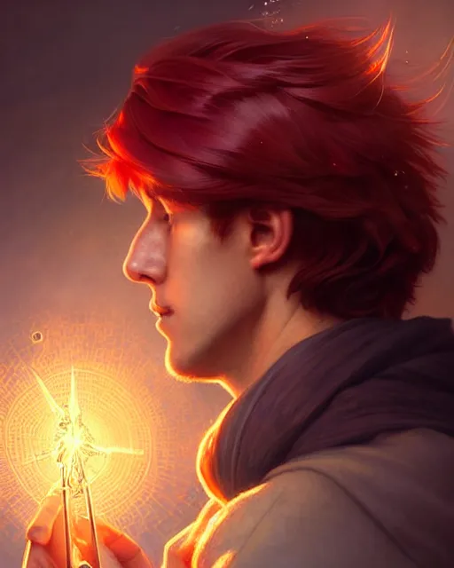 Prompt: side portrait of a university male, casting magic spell, particles, magic school, red hair, short hair style, book library studying, intricate, sharp focus, heavy lens flare, bloom, rim light, illustration, highly detailed, digital painting, concept art, matte, art by wlop and artgerm and greg rutkowski and alphonse mucha, masterpiece