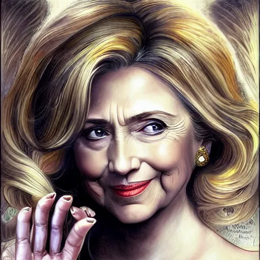 Prompt: Hillary Clinton holding up italian hands, as a fantasy magic woman portrait, sci-fi, amber eyes, face, long hair, fantasy, intricate, elegant, highly detailed, digital painting, artstation, concept art, smooth, sharp focus, illustration, art by artgerm and greg rutkowski and alphonse mucha