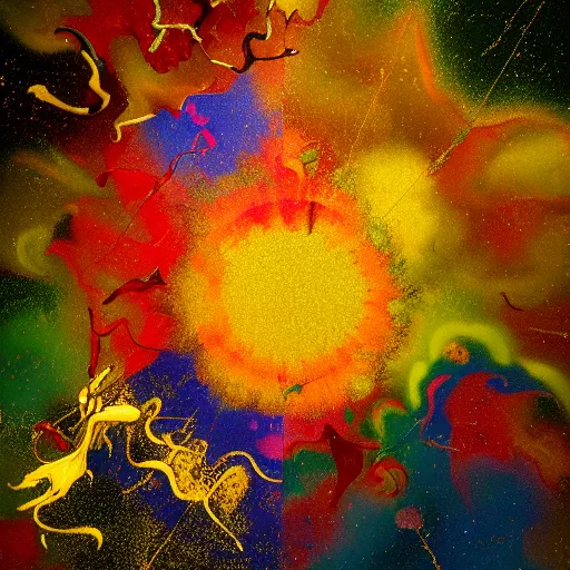 Prompt: color powder explosion on top of baroque renaissance painting, particles, fine detail, damien hirst and jackson pollock and james jean, golden ratio, fractal, sharp focus, artstation