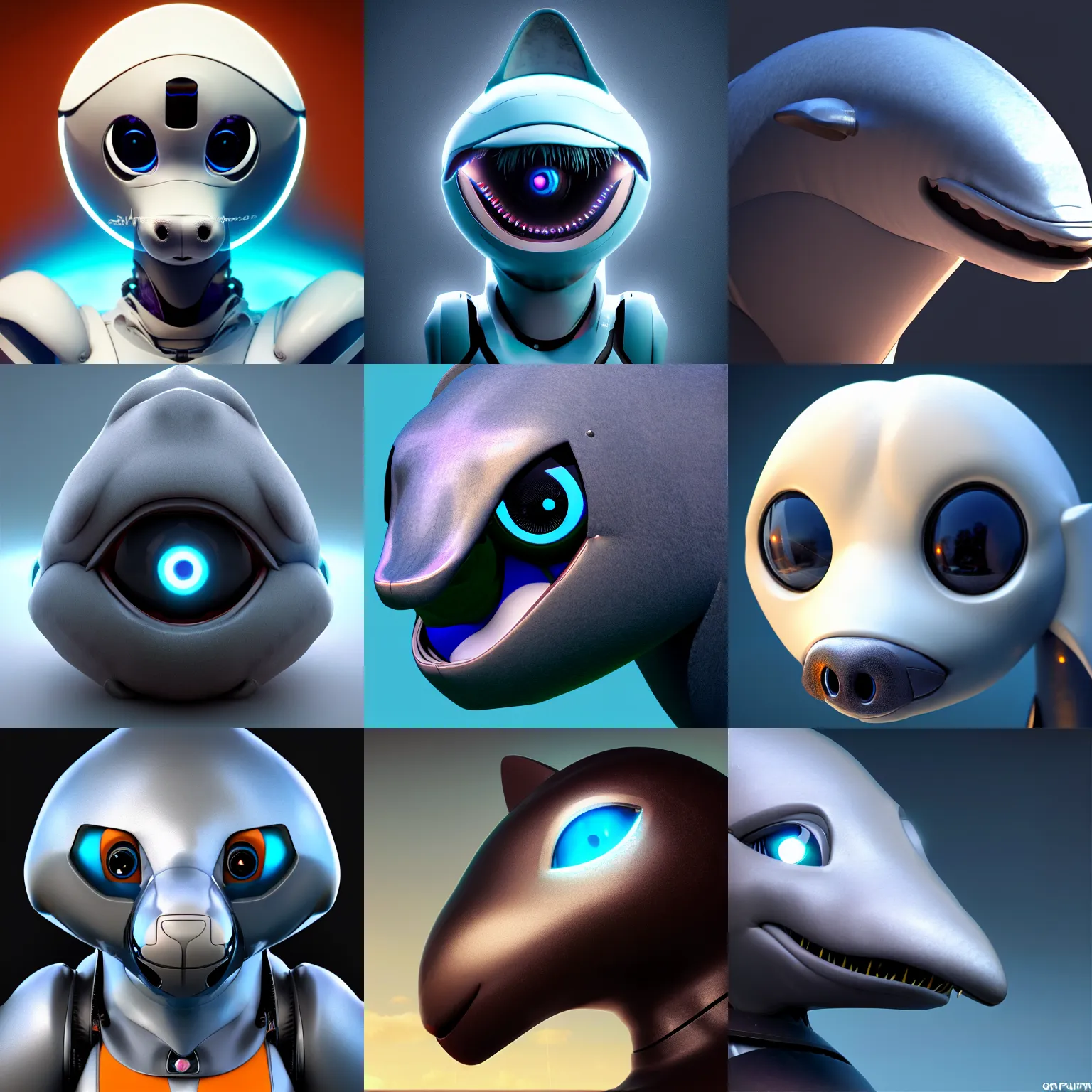Prompt: furry art, bust profile picture of a robotic dolphin, large eyes, round shapes, commission on furaffinity, cgsociety, octane render