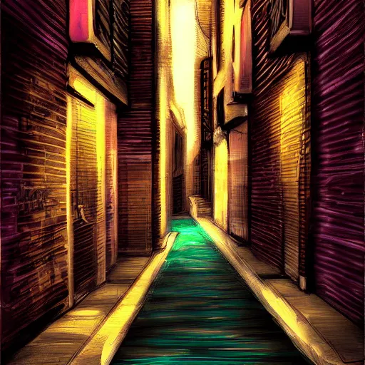 Image similar to Happiness in a dark city alley, digital art