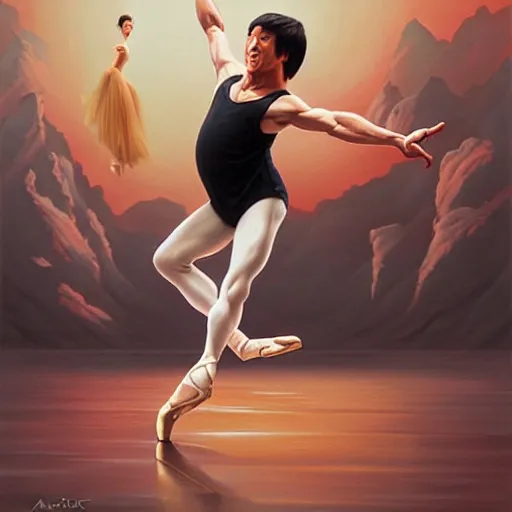 Prompt: a beautiful scenic painting of young jackie chan dancing ballet, by artgerm and wlop and wes anderson and spike jonze