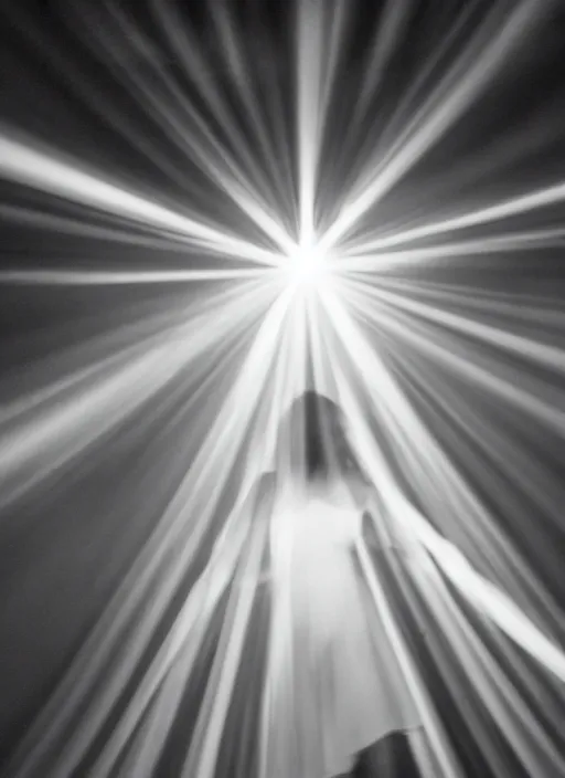 Prompt: female ascending into the sky, glowing aura, motion blur, out of focus, film grain, cinematic lighting, experimental film, shot on 1 6 mm, crepuscular rays