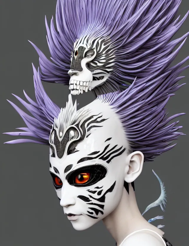 Image similar to 3 d goddess close - up profile simple portrait punk with mohawk with tiger skull. beautiful intricately detailed japanese crow kitsune mask and clasical japanese kimono. betta fish, jellyfish phoenix, bio luminescent, plasma, ice, water, wind, creature, artwork by tooth wu and wlop and beeple and greg rutkowski