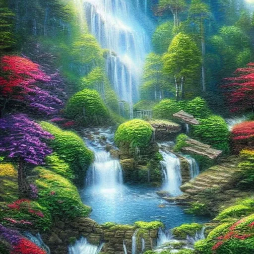 Prompt: waterfall in the style of thomas kinkade, very high quality, very detailed, highly detailed, stunning detailed, extremely detalied, amazing detailed