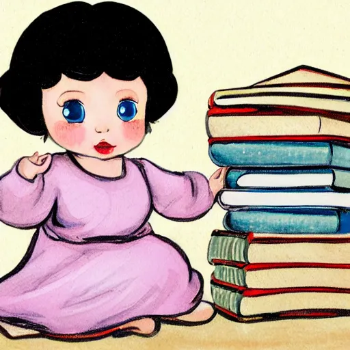 Image similar to a cute little girl with a round cherubic face, blue eyes, and short wavy light brown hair sitting on top of a stack of books. beautiful cartoon painting with flat colors and highly detailed face, outlining, children's storybook