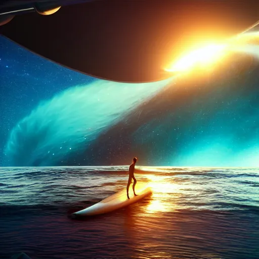 Image similar to photo of a alien surfing a surfboard on a crashing l wave of alien ocean in space, background is an alien galaxy, aliens in the background, alien colors, octane render, unreal engine, wide view, 8 k, high detaild