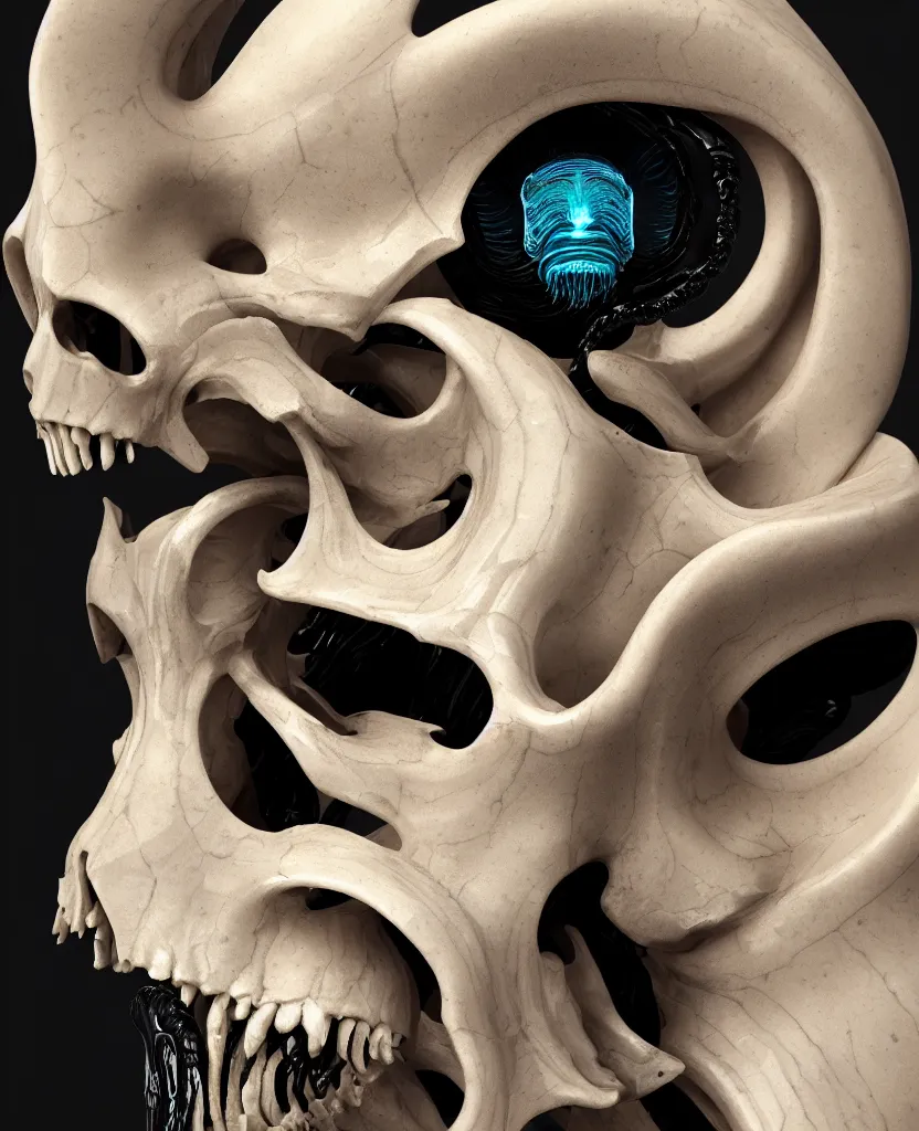 Prompt: goddess princess face close-up portrait ram skull. sculpture made of black obsidian. jellyfish phoenix head, nautilus, orchid, skull, betta fish, bioluminiscent creatures, intricate artwork by Tooth Wu and wlop and beeple. octane render, trending on artstation, greg rutkowski very coherent symmetrical artwork. cinematic, hyper realism, high detail, octane render, 8k