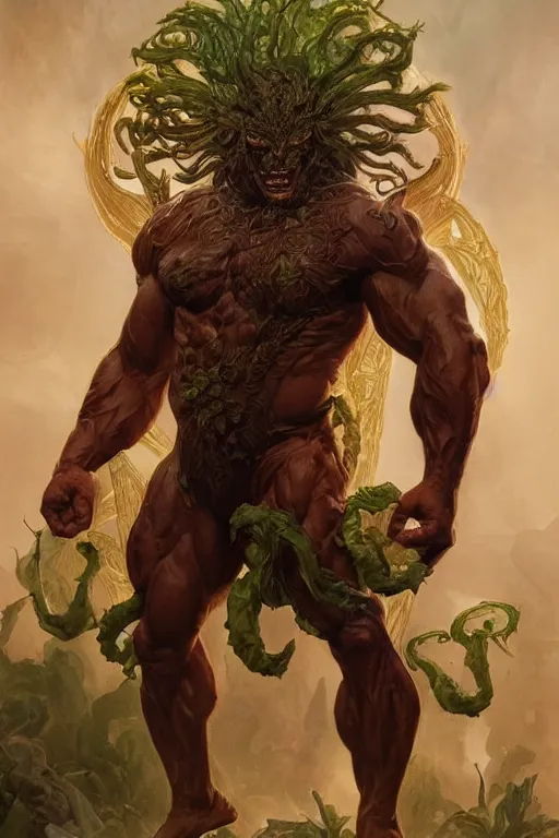 Image similar to portrait of olivier richters as a hulking herculean demon, forest, godlike, full body, fantasy, intricate, elegant, highly detailed, digital painting, artstation, concept art, sharp focus, illustration, art by artgerm and greg rutkowski and alphonse mucha