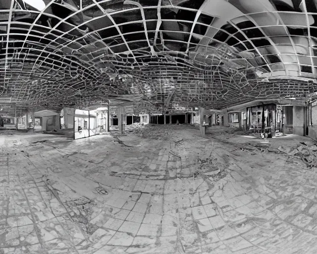 Image similar to camera footage of an abandoned shopping mall overrun by huge spiders and cobwebs, high exposure, dark, monochrome, camera, grainy, CCTV, security camera footage, timestamp, zoomed in, fish-eye lense, spiders!!!!,