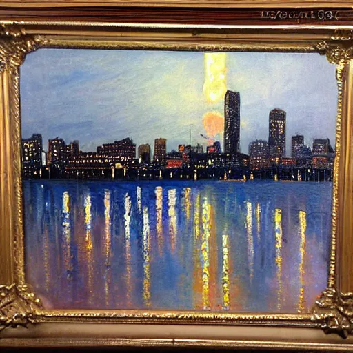 Image similar to impressionistic full - color painting of a distorted mirror reflecting a nightmarish balcony view of boston downtown skyline in 1 9 2 5 at night with a horrifying sky, aerial view, dark, brooding, night, atmospheric, horror, cosmic, ultra - realistic, smooth, highly detailed by dave dorman