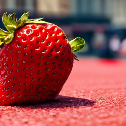 Image similar to super wide shot of giant strawberry on red square, 4 k, bokeh