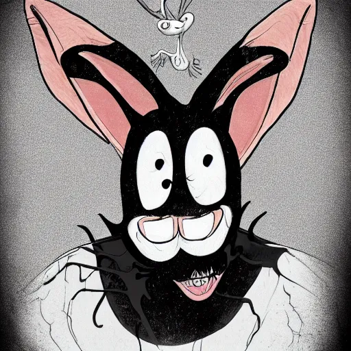 Image similar to A extremely highly detailed majestic hi-res beautiful, highly detailed head and shoulders portrait of a scary terrifying, horrifying, creepy maniacal crazy black cartoon rabbit with scary big eyes, earing a shirt laughing maniacally , let's be friends, in the style of a Walt Disney cartoon