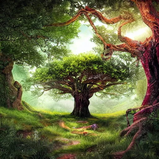 Prompt: fabulous, mighty, spectacular tree in a thickly vegetated forest, fantasy, dreamlike sunraise, ultra realistic, ultra detailed