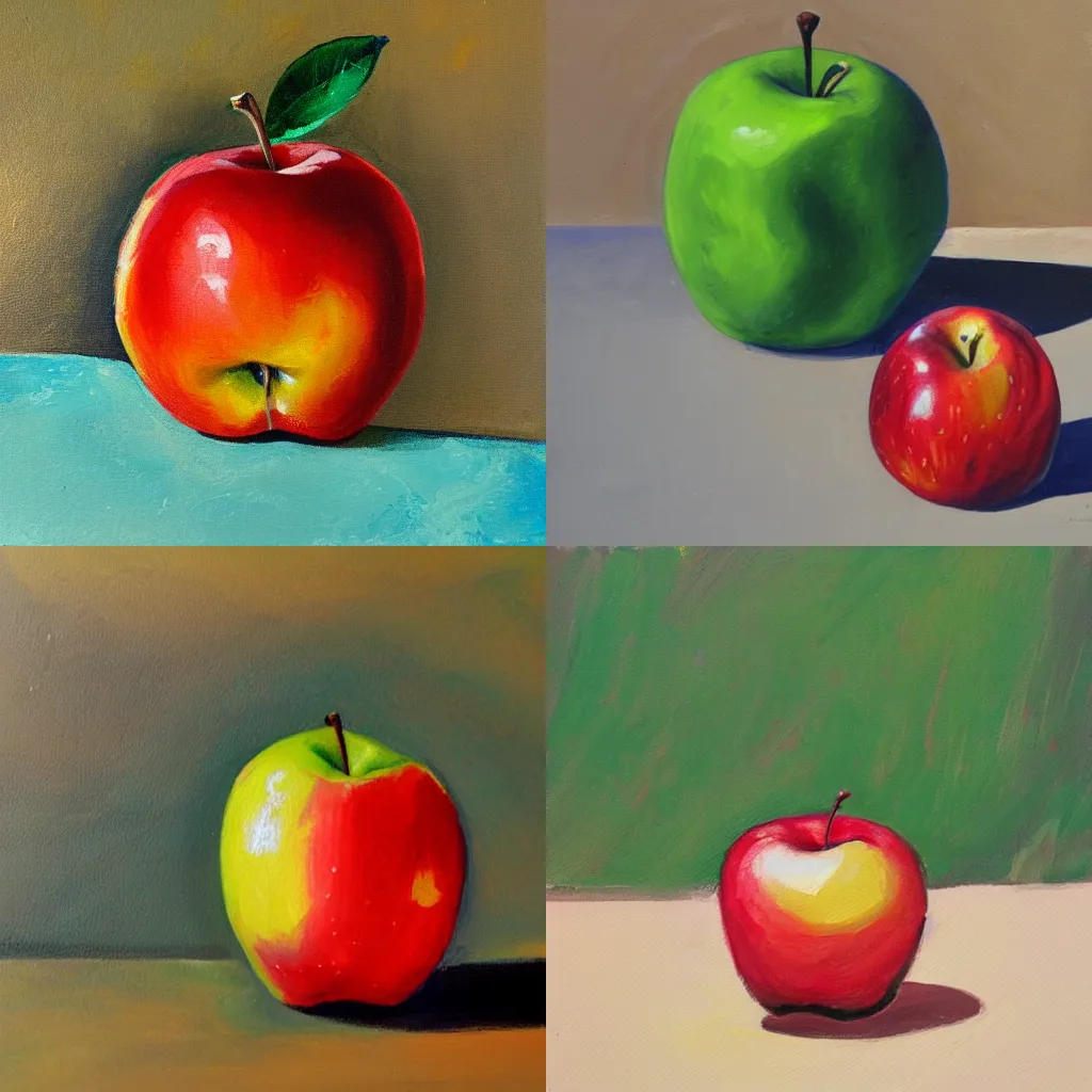 Prompt: an apple, painted with gouche, warm colors
