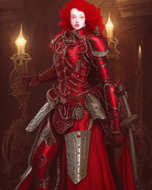 Prompt: redhead queen knight in red armor, inside grand hall in castle with rococo aesthetic, intimidating, high fantasy, intricate detail, digital painting, artstation, concept art, smooth, sharp focus, illustration, art by yoshitaka amano and monia merlo and wlop
