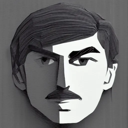 Image similar to a face of a man with wavey medium short hair made from layered paper, 2D, flat minimalistic, ambient light