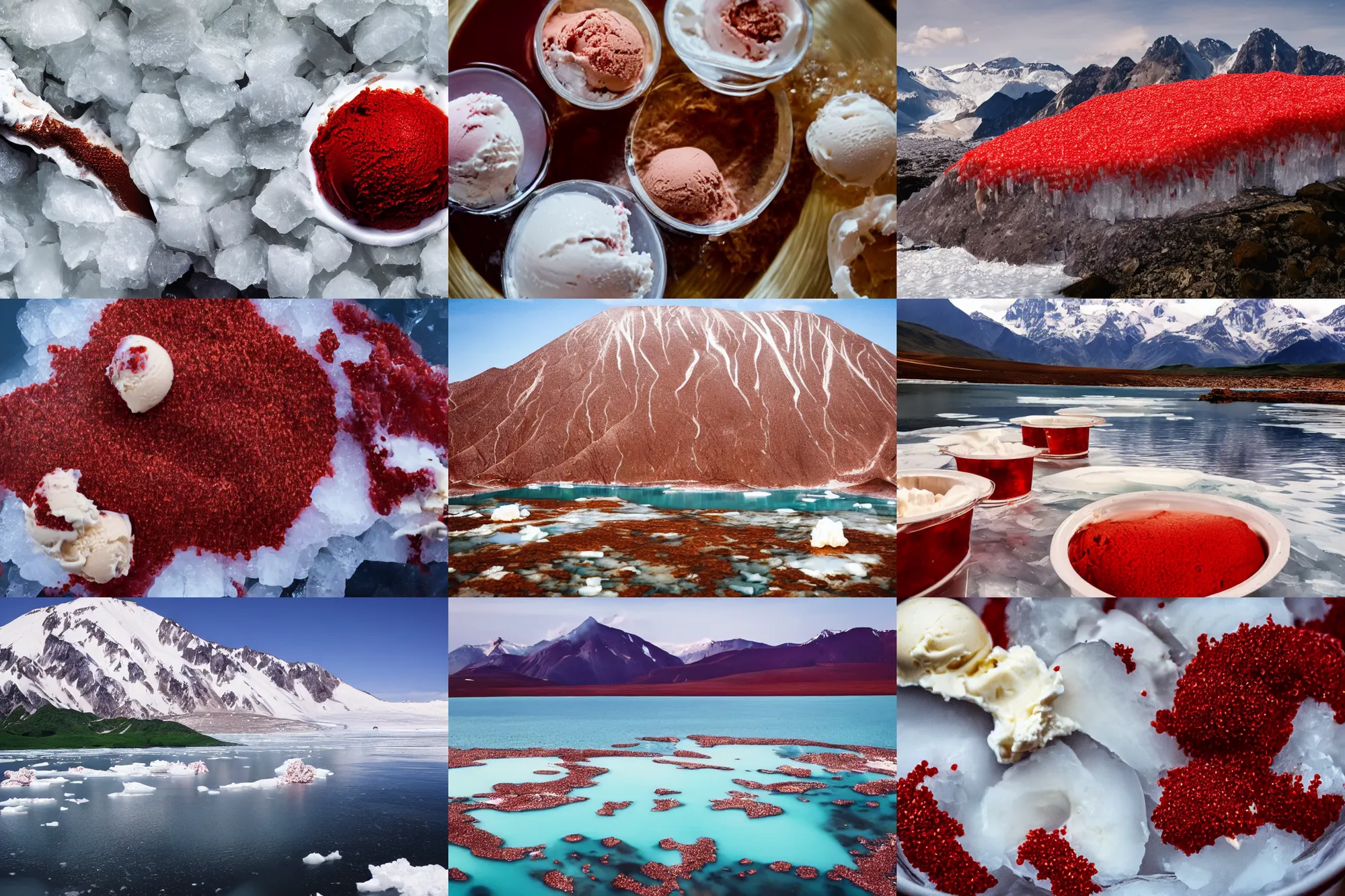 Prompt: a large island of red caviar and ice cream and brown water in the center of which there are mountains with ice cream