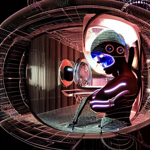 Image similar to a cyborg baby growing in a sci - fi gestation pod, a very cyberpunk scene ; graphic art