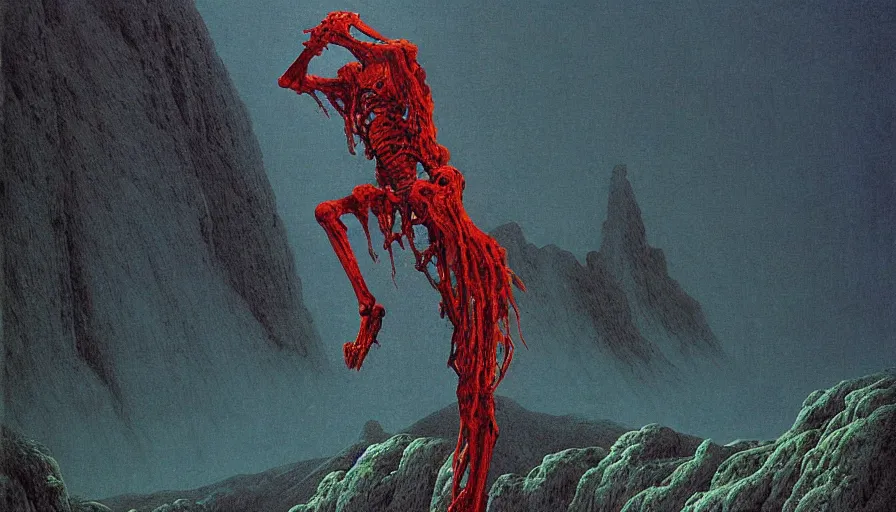 Image similar to landscape artwork of veiled red skeletal angel climbing over a mountain, artwork by zdzislaw beksinski