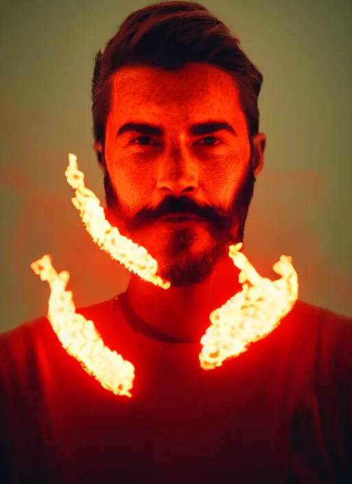 Prompt: Man with fire flames facial hair, light atmosphere, neon, cinematic shot, intricate, ornate, photorealistic, ultra detailed, realistic, 100mm, photography, octane, high definition, depth of field, bokeh, 8k, artstation