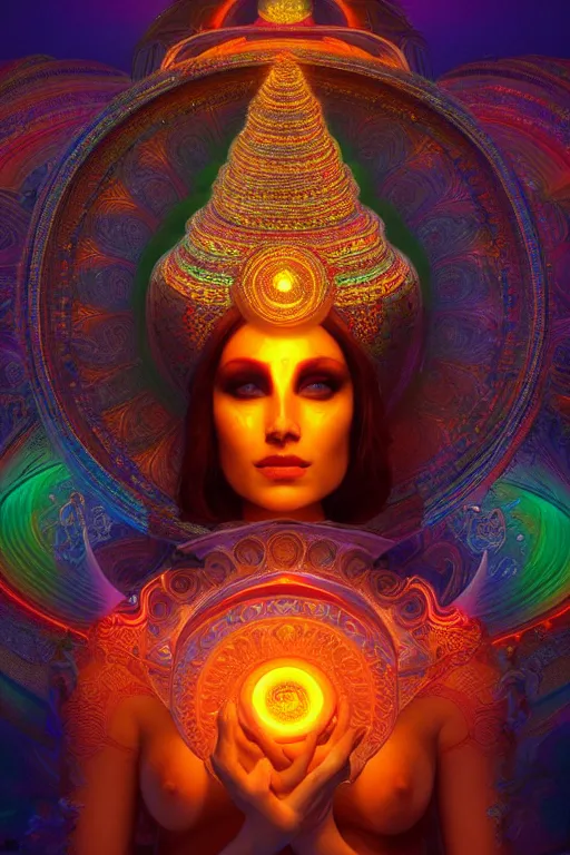 Prompt: a centered render of an alluring goddess wearing a psychedelic mask surrounded by a glorious sacred energy made from geometry and spiral mandel bulb fractals in a majestic temple, powerful, cinematic, beautifully lit, by artgerm, by karol bak, 3 d, trending on artstation, octane render, 8 k