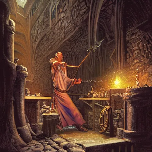 Prompt: digital painting of a powerful wizard casting magic in a dungeon by Gerald Brom, hyperdetailed! trending on Artstation