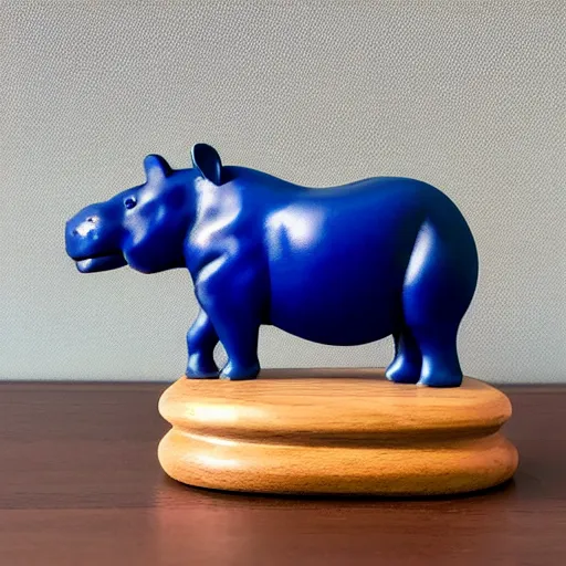 Image similar to a zoomed out studio product shot of a rounded carved smooth cherry wood and blue resin hippopotamus, in profile, like a catalog photograph, mostly wood, with a smooth featureless minimalist look