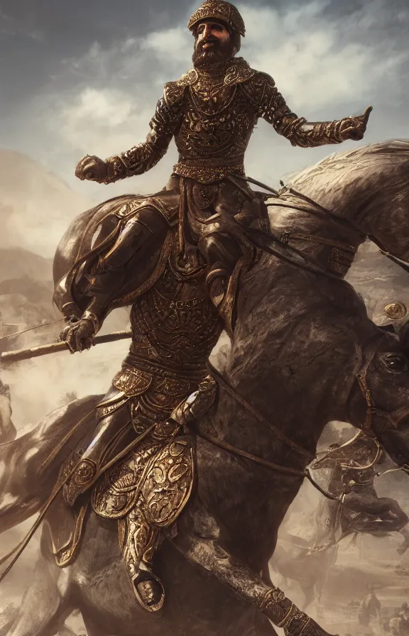 Image similar to cyrus the great riding a horse, surrounded by his soldiers. hyper realistic 8 k, clear, octane render, dusty, digital painting, high contrast, sharp focus, intricate details on the suit, trending artstation, concept, cinematic