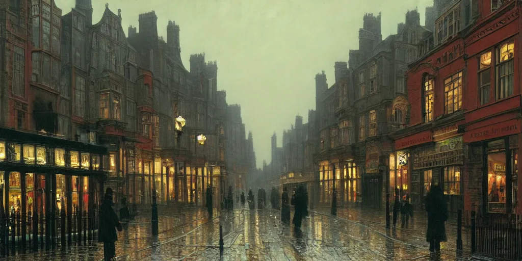 Prompt: Victorian city street with front view of shops on a rainy day in London, evening, low angle view, detailed matte painting, cinematic, John Atkinson Grimshaw, Artstation