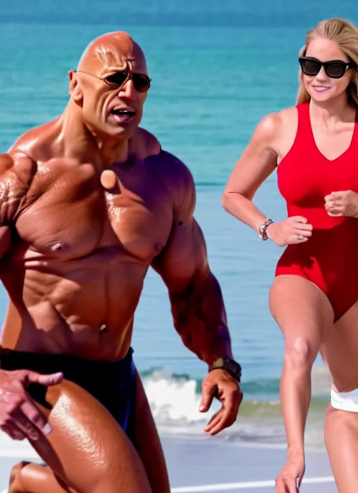 Image similar to film still of joe biden as dwayne johnson in baywatch movie 2 0 1 7, 8 k