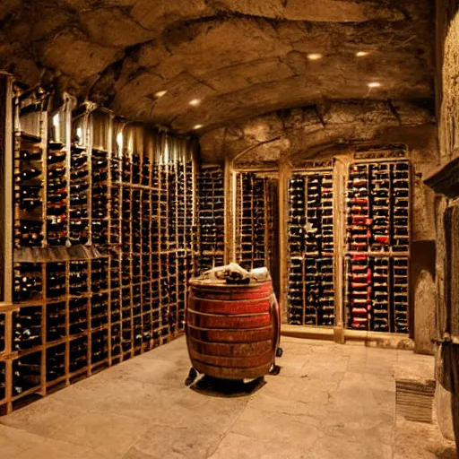 Prompt: an ancient wine cellar with six mona lisas hanging on the wall, still from a movie