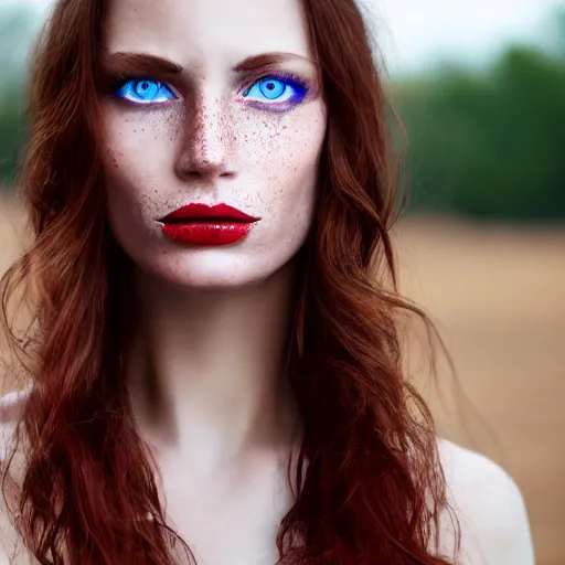 Image similar to close up photo of the left side of the face of a woman with blue eyes and wavy long red-brown hair, red detailed lips and freckles who looks directly at the camera. Slightly open mouth. Whole head visible and covers half of the frame, with a park visible in the background. 135mm nikon. Intricate. Very detailed 8k. Sharp. Cinematic post-processing. Unreal engine. Nanite. Ray tracing. Parallax. Tessellation