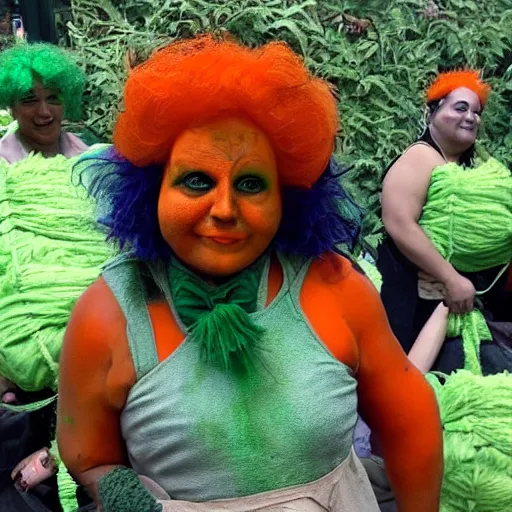 Prompt: Oompa Loompas with orange skin and dark green hair carrying body bags