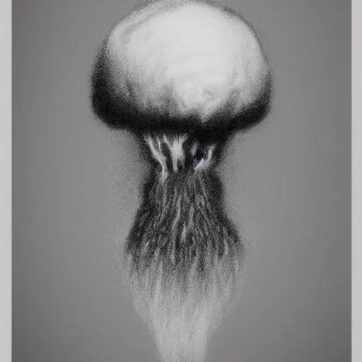 Image similar to vladimir putin's face in a nuclear mushroom cloud, cartoonish, ultra detailed pencil drawing