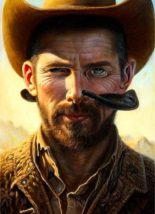 Image similar to closeup portrait shot of a cowboy in nature in a scenic dystopian environment, intricate, elegant, highly detailed, centered, digital painting, artstation, backlit, concept art, smooth, sharp focus, illustration, artgerm, tomasz alen kopera, peter mohrbacher, donato giancola, joseph christian leyendecker, wlop, boris vallejo