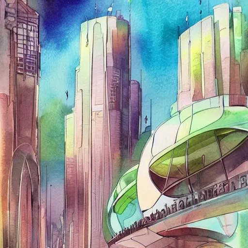 Image similar to Beautiful happy futuristic city in harmony with nature. Nice colour scheme, soft warm colour. Beautiful detailed watercolor by Lurid. (2022)